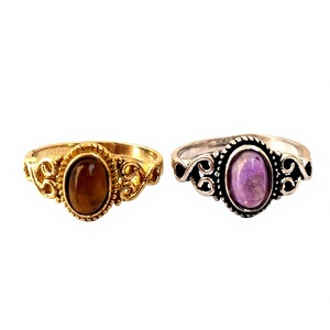 Anillos de dedo geométricos de piedra natural para mujer, anillos bohemios de piedra de latón, amatista, Tigre, para niña - Product Image 1