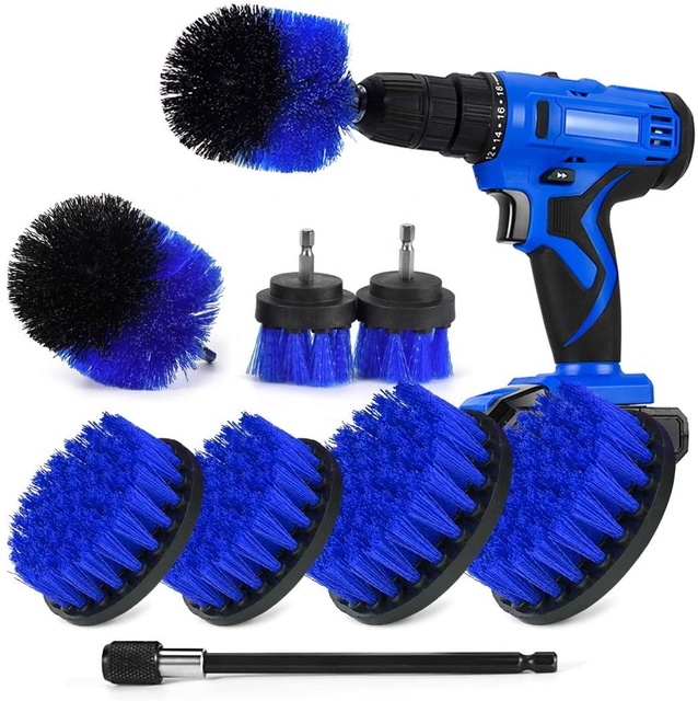 9pcs Blue Power Detailing Brush Kit Car Wash Brush With Extend Rod Drill Cleaning Brushes Attachment Set for Bathroom Car Clean