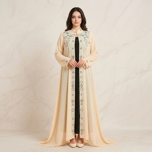 Elegant Cream Open Abaya Chiffon Hotfix <b>Long</b> Sleeve Maxi <b>Dress</b> Set with Inner <b>Dress</b> <b>for</b> <b>Eid</b> Modest Occasion Wear - Product Image 1