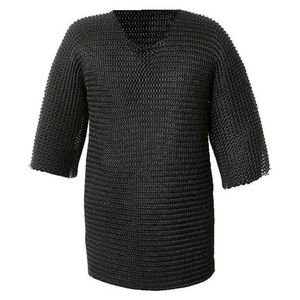 Cotte de mailles médiévale faite à la main Hauberk manches complètes armure en métal avec anneau de rondelle riveté plat en acier doux finition noire Haubergeon - Product Image 1