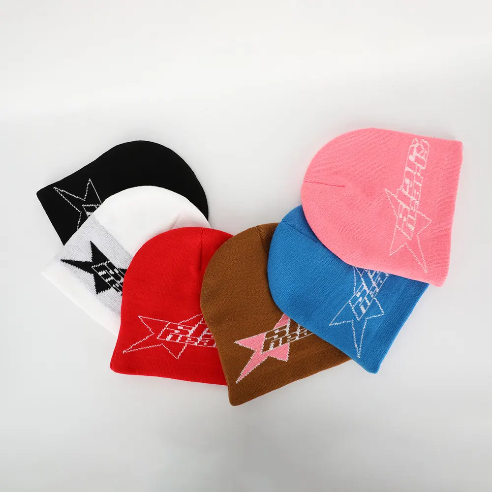 Logo Oem Kustom Kualitas Tinggi Uniseks Akrilik Jacquard Topi Musim Dingin Pullover Perlindungan Topi Hangat Tengkorak Rajutan Olahraga Ski Beanie