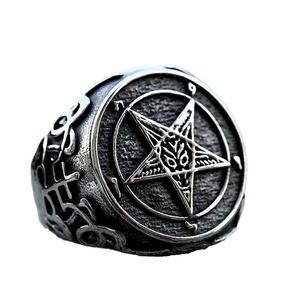 Anillo de Pentagrama Baphomet de Acero Inoxidable 316L para Hombre, Tono Plateado Antiguo, Símbolo Oculto, Estilo Rebelde Oscuro, Joyería Punk para Motociclistas - Product Image 5