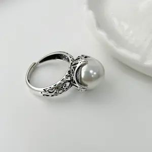 Luxus schmuck Süßwasser perle verstellbarer Ring 925 Sterling Silber Big Pearl Fingerring für Frauen