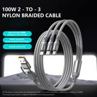 Cable de Carga Rápida de 1.2M, 3 en 2, con Trenzado de Nailon, Transferencia de Datos, 100W, Múltiples Puertos USB A, Lightning y Tipo C para Teléfono/Android