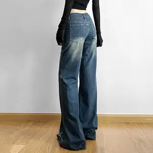 Celana panjang gaya Denim 2023 celana panjang desain bordir retro celana longgar longgar pudar untuk wanita