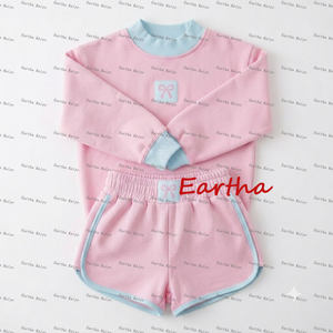 French Terry Hoodie Baby Mädchen Mock Neck Sweatshirt und Shorts Set Farbblock Kinderkleidung Maßgeschneiderte Kinder-Trainingsanzüge - Product Image 3