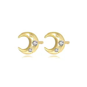 Elegant wholesale 925 sterling silver vogue jewelry 18k gold plated zircon pave crescent moon stud earrings