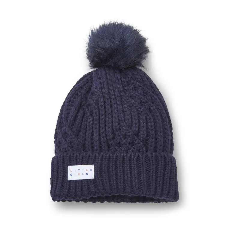 Kids Navy Winter Bobble Knitted Hat Children 100% Acrylic Chunky Cable Knit Beanie Hat with Satin Lining