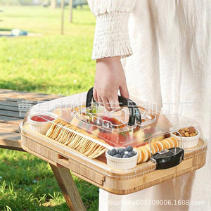 Planche à découper en bambou avec couteaux et fourchettes intégrés, couvercle, plateau pour fruits, pain, steak, plateau de service portable pour extérieur - Product Image 4