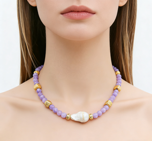 Collier tendance en perles de cristal rose et de perles d'eau douce avec placage or 18 carats, fait main, cadeau pour femme - Product Image 2