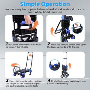 2-1 330LBS Folding Hand Truck <strong>Dolly</strong> Retractable Handle &amp; 4 Rubber <strong>Wheels</strong> Hand Cart Foldable for Travel/Luggage/Office/Moving - Product Image 2