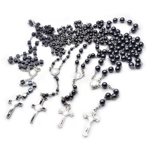 Kalung manik-manik batu empedu hitam kalung liontin salib antik kalung rosario religius grosir