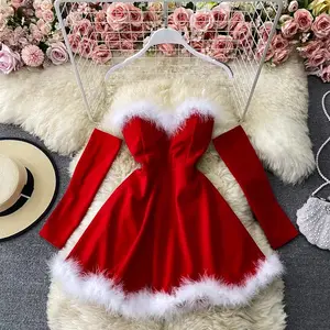 एक आकार का नया फैशन फर पैचवर्क बॉडी आस्तीन के साथ क्लब उच्च कमर मिनी ड्रेस क्रिसमस वेशभूषा