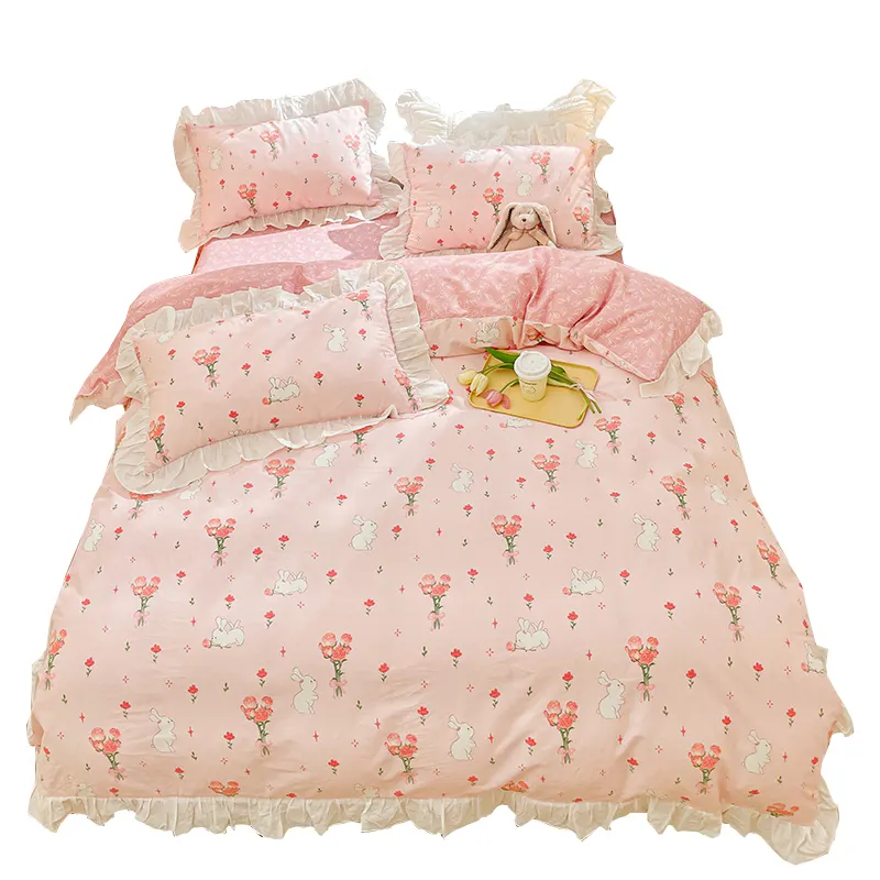 Koreanische Stile 3d gedruckt Blumen pflanze Natur Prinzessin Rüschen Kaninchen Kinder Quilt Cover Set