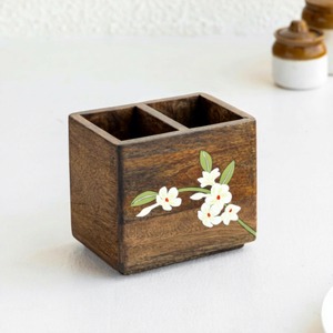 Handcrafted Wooden Cutlery <b>Holder</b> with 2 Compartments and Hand Painted Floral Design Rustic <b>Utensil</b> Organizer Stand for <b>Kitchen</b> - Product Image 4