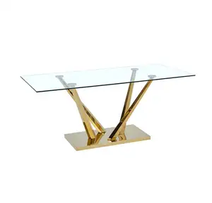 modern gold luxury stainless steel frame tempered glass top dining room furniture Dining table