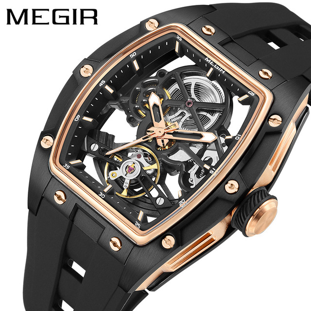 Megir 2242 2242G Tonneau Tourbillon Automatic Mechanical Watches Luxury Hollow Waterproof Silicone Band Luminous Men Watch Reloj