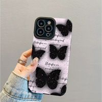 Étui de téléphone portable en cuir artificiel TPU avec impression de papillon noir en lettres anglaises pour iPhone X Xr 11 12 13 14 15 16 17 18 Pro Max
