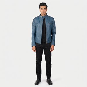 Leather <b>Jacket</b> for Men Blue <b>Slim</b> <b>Fit</b> Rider Coat with Secure Zipper Pockets & Snap Collar PUReal Leather OEM <b>jacket</b> for men - Product Image 1