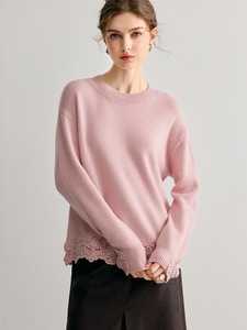 เสื้อสเวตเตอร์ถักไหมพรมคอวีแขนยาวสีชมพูสำหรับผู้หญิง แต่งขอบด้วยลูกไม้ สวมใส่ได้อย่างสง่างามในฤดูใบไม้ร่วง - Product Image 4