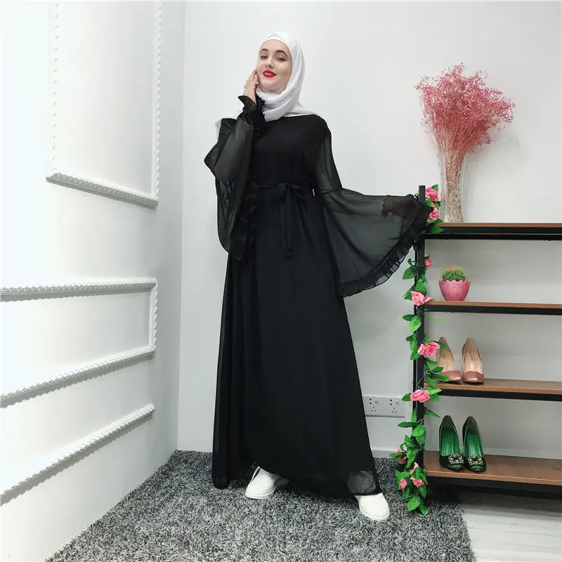 Abito Abaya musulmano da donna all'ingrosso 2021 autunno nuovo Chiffon traspirante arabo increspato manica svasata abiti abito