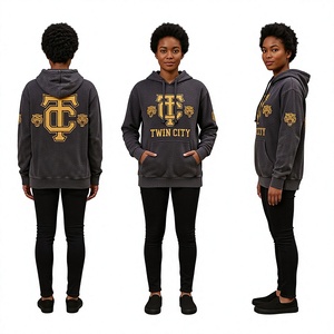 Twin City Women's Dark Gray Hooded Sweatshirt With Gold Logo And <b>Tiger</b> Patches Front Back <b>Print</b> Regular Fit Autumn Wear - Product Image 1