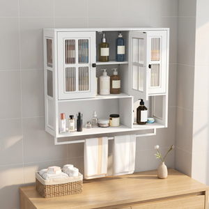 SENYU White 3-Door <b>Wall</b>-Mounted Bathroom <b>Cabinet</b> with <b>Glass</b> Panels and Towel Bar for Storage Minimalist Design - Product Image 6