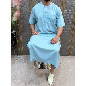 Modern Arabic Style Moroccan Cotton <b>Thobe</b> Prayer Robe Short Sleeve Round Neck Button Chest Pocket - Product Image 6