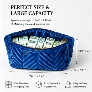 Bolsa de Viaje de Terciopelo de Lujo para Mahjong, con Logotipo Personalizado, Color Azul Océano, Cierre de Cremallera, Borlas con Diseño Chevron, Estuche de Lujo para Fichas de Mahjong - Product Image 4