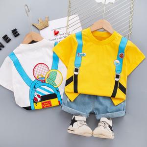 Ensemble d'été 2022 personnalisé de haute qualité pour enfants : T-shirt à motif sac d'école et short en jean pour bébés garçons - Product Image 1