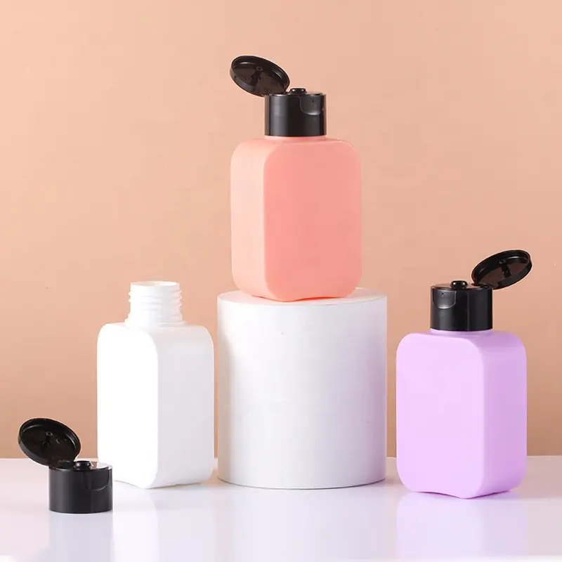 Vuoto rosa viola eco friendly bio 100g hdpe bottiglia quadrata in plastica 100 ml mini shampoo bottiglie per lozione da imballaggio con pompa