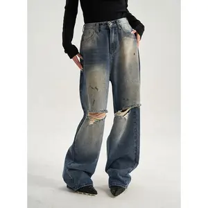 Street Style déchiré lavé vieux lâche jean droit pantalon femmes hautes minceur Hip Hop pantalon