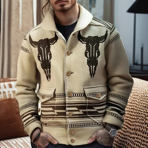 Veste d'hiver pour homme en laine tricotée avec motif de crâne de taureau, manches longues, épaisse, chaude, boutonnée - Product Image 2