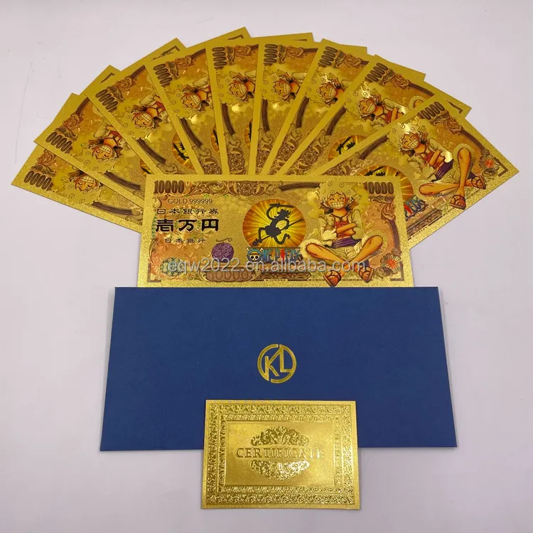 Cina made 5 tipi Japan anime One Piece 10000 yen money trading fornitori di banconote placcate in lamina d'oro 24k