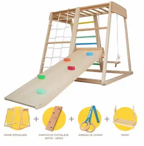 مجموعة ملعب داخلي خشبي للتسلق الجدار زحليقة خشبية مجموعة أرجوحة الغابة الصالة الرياضية