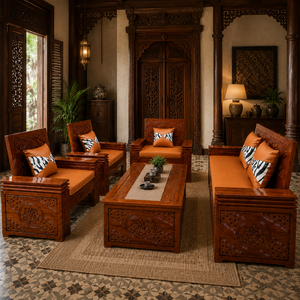 Sofá Cama Cuadrado de Madera de Teca Sólida Jepara Heritage, Detalles Tallados a Mano, Mueble de Sala de Estar de Tres Plazas Premium, Interior de Lujo - Product Image 1