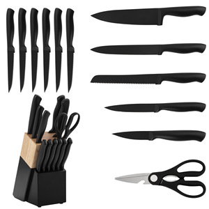 Kitchen Ware 13‑Piece Black Coated Kitchen <b>Knife</b> <b>Set</b> Household Cutlery <b>Set</b> with Two‑Tone Spliced Wooden <b>Knife</b> Block - Product Image 1