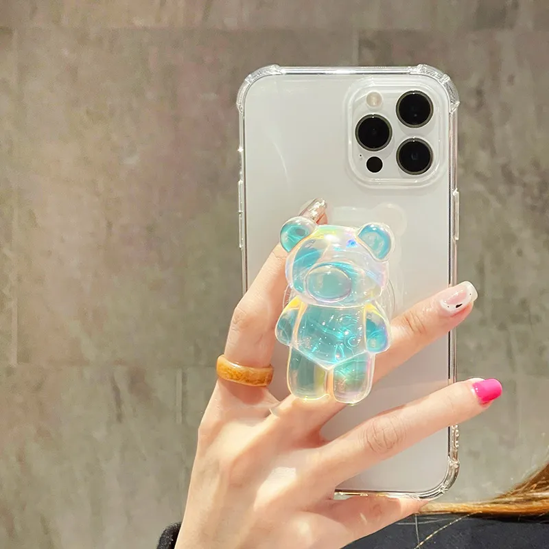 3D Korea Cartoon Bear Ring Holder Stand Transparent Soft Phone Case for iphone 14 Pro Max13 12 11 MiNi XR X XS 7 8 Plus SE Cover