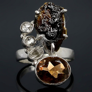 Bague en argent sterling 925 avec pierre naturelle de Moldavite et quartz fumé ovale, sertie clos, pour femme, style statement, idéale pour les soirées - Product Image 3