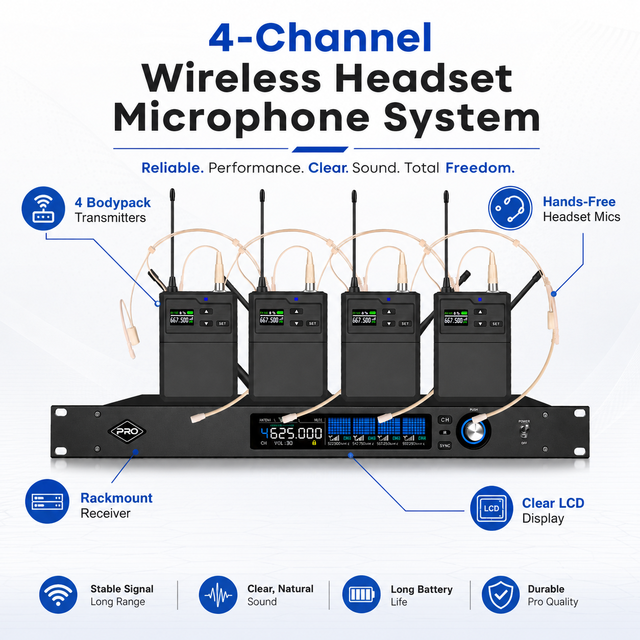 SPQ4-T Pro UHF Four Channel Wireless Headset Microphone System, Suitable for Speaking Conference Room,Stage Performance Show