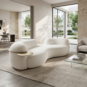 Divano Curvo in Bouclé Bianco con Tavolino Laterale in Metallo, Forma Organica Unica, Divano di Design per Studio Moderno e Luminoso - Product Image 6