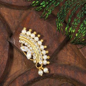 Indian Traditional Pearl Drop <b>Nose</b> <b>Ring</b> Gold Plated Copper Flower <b>Nath</b> Nathani for Women Bridal Wedding Engagement Jewelry - Product Image 3