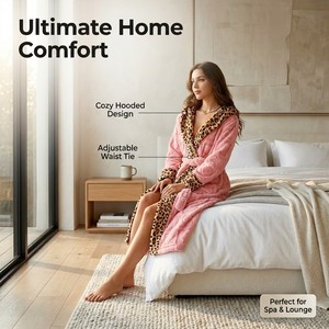 Accappatoio Invernale da Donna Originale di Fabbrica ODM con Cappuccio in Peluche, Stampa Leopardata, Lungo e Soffice in Pile, Vestaglia da <span class=keywords><strong>Notte</strong></span> e da Casa 400g - Product Image 6