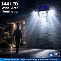 Lampe solaire à détecteur de mouvement, 144 LED, 1200LM, super lumineuse, multi-têtes, lampe murale de sécurité, étanche IP65, lumière extérieure pour chemin