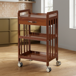Chariot de salon en bois avec 4 roues et tiroirs de rangement, design moderne pour salle de bain, bar à domicile et usage commercial - Product Image 4