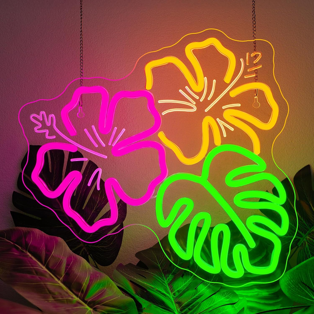 Custom Plant Leaf Neon Light Tropical Hibiscus Flower LED Light Sign for Party Pool Beach Summer Bedroom Classroom Garden Decor