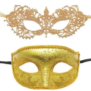 Masquerade Mask For Couples Women And Men - 2 Pack Venetian Gold And Black Lace