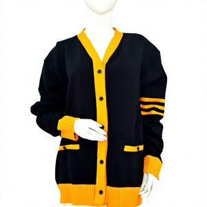 Women's Black Yellow V-Neck Full Sleeve Solid Embroidery Preppy Style Wool/Acrylic Knitted Cardigan <b>Sweater</b> Autumn Wear - Product Image 1