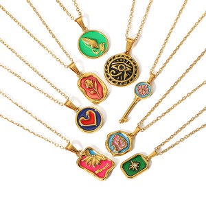 Collar con Colgante Retro Esmaltado, Cadena de Clavícula de Acero Inoxidable 18K, Diseño de Llave, Corazón, Ojo y Floral, Joyería de Regalo - Product Image 5