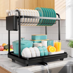 Double Layer Kitchen Countertop Dish Rack With <b>Tray</b> Quick Dry Sink Storage Dish Drainer Square Shape - Product Image 1